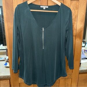 Green Envelope Teal V-Neck Blouse with Zip Detail